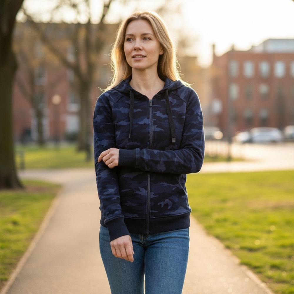 Athleta Triumph Printed‎ Hoodie Blue Camo Full Zip Activewear Jacket Women's Med